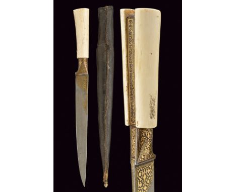 dating: 19th Century provenance: Persia, Straight, single-edged, damask blade, the base decorated with floral motifs in gold,