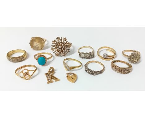 A collection of ten assorted 9ct gold rings, approx 33.25g, also one 18ct gold ring approx 1.86g, a 9ct gold letter 'K' penda