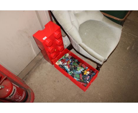 A plastic Lego box and contents of various die-cast vehicles to include Dinky, Corgi, Lesney etc.