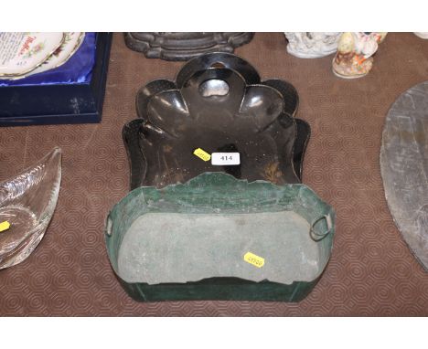 A small green painted planter and a pair of gilt decorated papier mâché trays