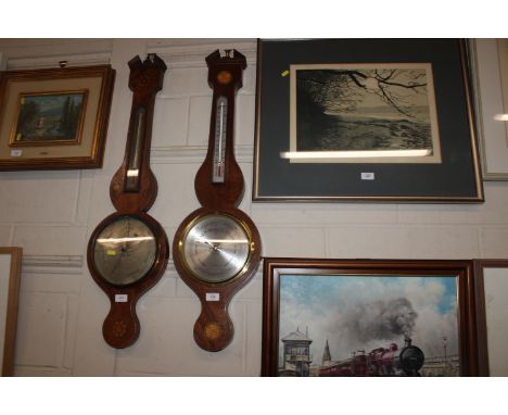 A mahogany and inlaid banjo barometer, approx. 95cm 