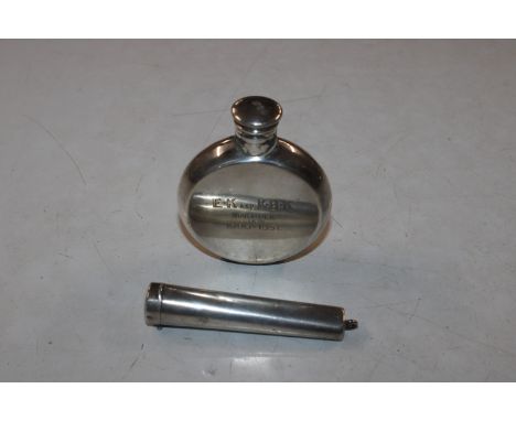 A silver flask engraved E.K. & K.B.K. November 15th 1906-1931; and a silver cheroot holder 63.5gms total weight 