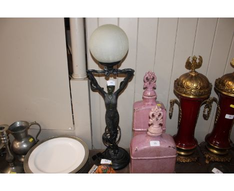 An Art Deco style figural decorated table lamp with glass globe shade