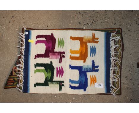A collection of three Swedish needlework Folk Art style rugs with animals and motifs 