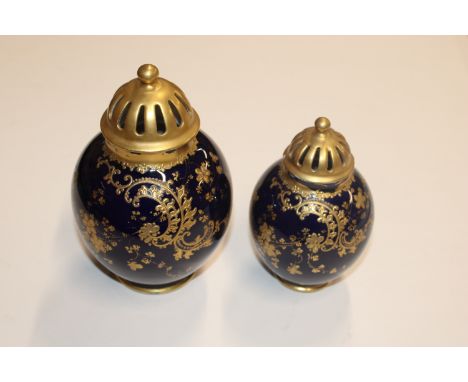 Two Limoges porcelain for Maple & Co. blue and gilt decorated jars with covers AF