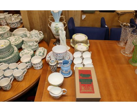 A quantity of Aynsley fruit decorated tea ware; Winnie-the-Pooh decorated bowl and plates; a Wedgwood jasperware pin dish and
