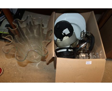 A box containing white glazed china, various other china, pair of decanters and stoppers, a large handkerchief type vase etc.