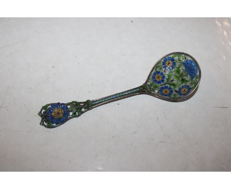 A white metal and enamel work Pliqué Ajour spoon decorated with cornflowers, possibly Scandinavian