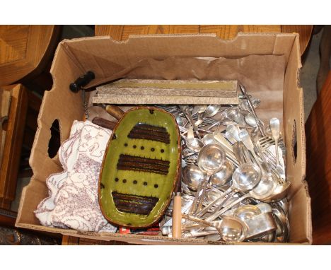 A quantity of various silver plated flatware, slipware dish etc. 