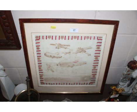A WWI framed Zeppelin and fighter plane souvenir handkerchief, framed and glazed 