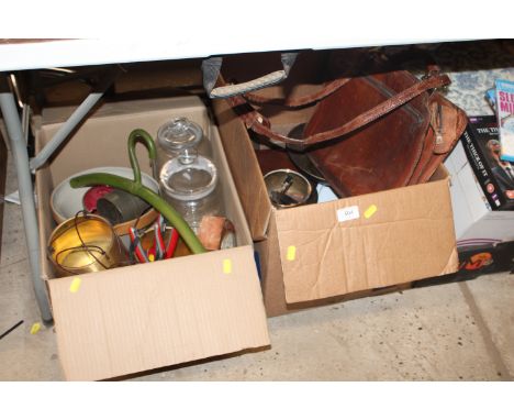 Two boxes of various sundry kitchenalia, glassware, and a leather 'The Bridge' bag