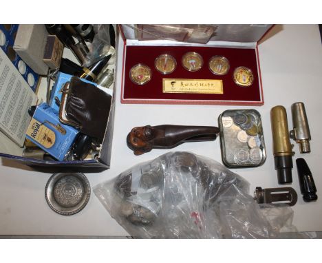 A Beijing Olympics gold plated coin set in fitted case with certificate; a box containing various other coinage; a pair of wo