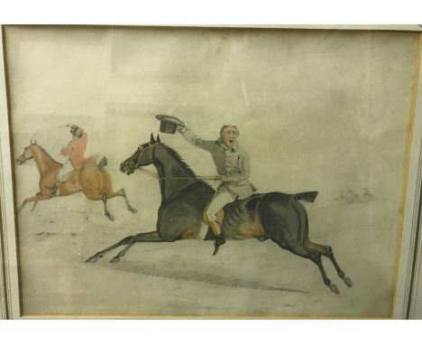 ATTRIBUTED TO SAMUEL ALKEN "Huntsman at the gallop, one tipping his top hat in the foreground", watercolour heightened with b