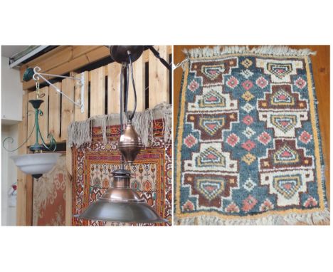 A lot comprising 20th century rise &amp; fall ceiling light fixture, another glass shaded light fixture and a small handwoven