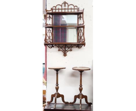 A lot comprising 19th century mahogany mirror backed wall shelf with decorative fretwork mounts framing three shelves, 78cm h