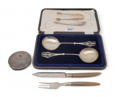 A cased set of serving spoons, by Joseph Rodgers &amp; Sons, Sheffield, with openwork terminals, silver sugar tongs, a silver