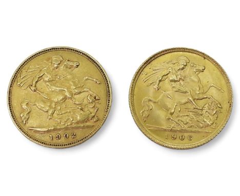 Edward VII&nbsp;(1901-1910) Half Sovereign Coins, 1902 4 grams, 1906 4 grams Obverse Portrait of King Edward VII facing right