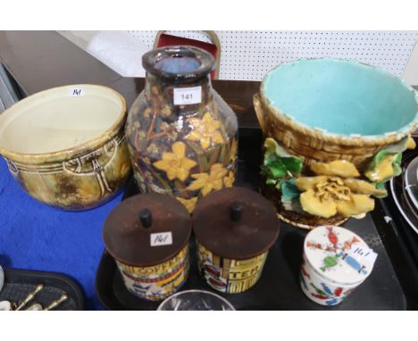 A pottery vase decorated with daffodils, a pair of Swedish tea and coffee cannisters, a Goebel bonbon pot and cover etc Condi