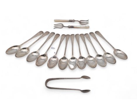 A set of twelve silver Old English pattern teaspoons and sugar tongs, by Allen &amp; Darwin, Sheffield 1895, with engine-turn