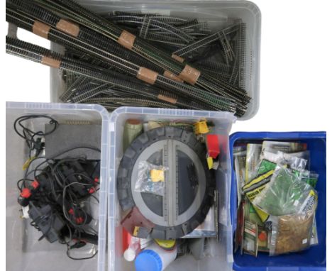 A very large quantity of 00-gauge model railway track, together with power units, controllers and an assortment of scenery mo