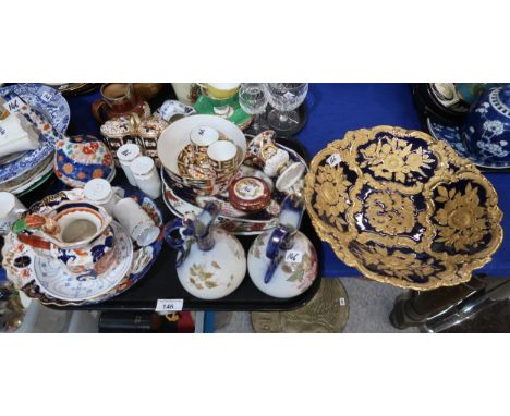 Two Royal crown Derby coffee cans and saucers, a large bowl, other imari pattern wares, a Meissen blue and gilt bowl etc Cond