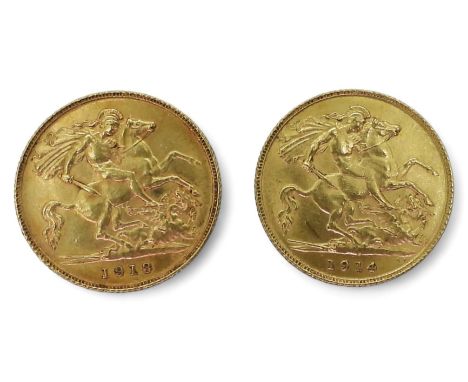 George V&nbsp;(1910-1936) 1/2 sovereign coins 1913 4grams, 1914 4 grams Obverse Portrait of King George V facing left legend 