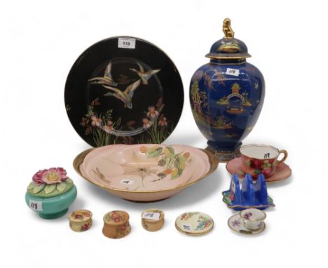 A collection of decorative ceramics including three small Royal Worcester pots, a Royal Doulton rose painted cup and saucer, 