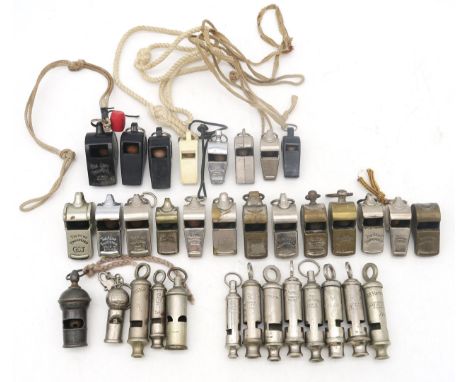 Assorted whistles, to include a military-issue Acme Thunderer, another issued by the City of Glasgow Police, A.R.P. and Metro