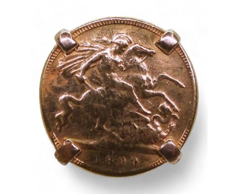 An 1899 gold half sovereign in a yellow metal ring mount, size R, weight 6.7gms Condition Report:Available upon request