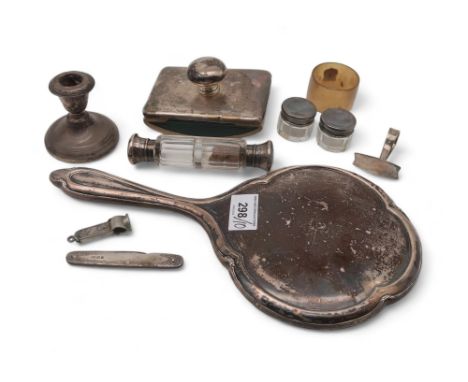 A collection of silver including a hand mirror, by Joseph Gloster, a silver desk blotter, a white metal double-ended scent bo