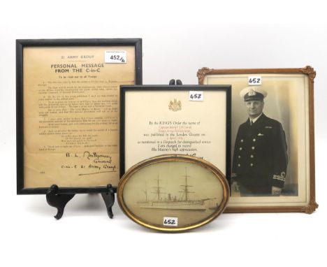 An oval photograph of a masted warship, with label for J. Welch, Marine Photographer verso indistinctly identifying the ship,