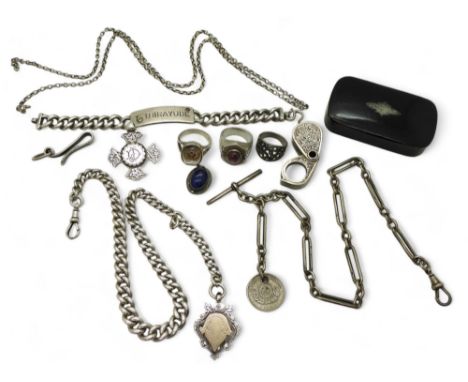 Two silver fob chains, a cross shaped brooch hallmarked 1890, a papermache snuff box and other items Condition Report:No cond