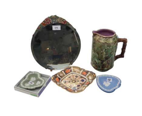 A Royal Crown Derby acorn handle dish, together with a pottery jug, barbola mirror and wedgwood dishes Condition Report:Avail