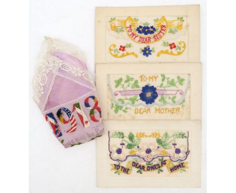 A WW1-period embroidered silk handkerchief, together with three embroidered silk postcards of similar style, titled respectiv