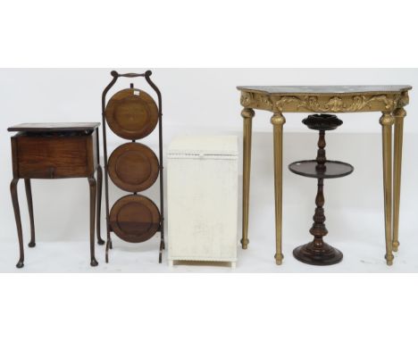 A lot comprising 20th century gilt serpentine front side table with faux marble top, three tier folding cake stand, mahogany 