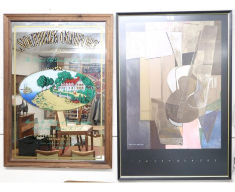 A lot comprising contemporary pine framed Southern Comfort bar advertising mirror, 89cm high x 64cm wide and a framed Isa Van