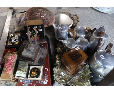 A collection of assorted boxes including Russian painted examples, a antler desk stand, a beaded stool, a barbola mirror, pic