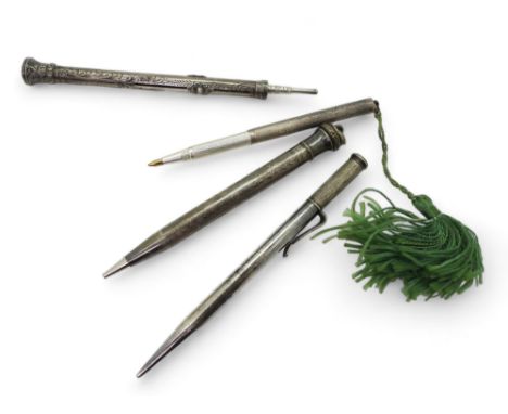 Four silver plated or white metal propelling pencils/pens, to include;- a Samson &amp; Mordan 'Centennial' pencil, a white me