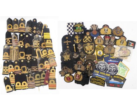 A large quantity of bullion embroidered and other cloth uniform patches and epaulettes, including a Glasgow City crest, a Bri