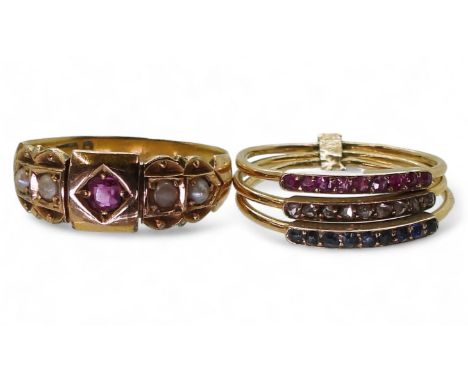 Two vintage rings, a 15ct pearl and red gem set ring, hallmarked Chester 1857, size P, an 18ct gold diamond ruby and sapphire