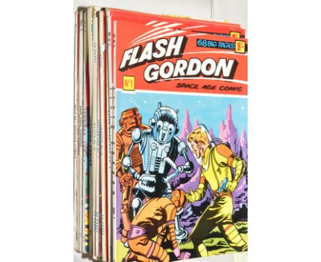 British 1950's re-print comics: Flash Gordon, No's. 1 and 3, by World Distributors 1959; Brick Bradford, No's. 1 and 2, by Wo