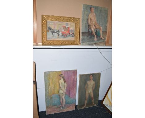 Oil paintings by Julia Dorothy Barnby - three unframed nude studies, two with paintings verso; together with an oil painting 