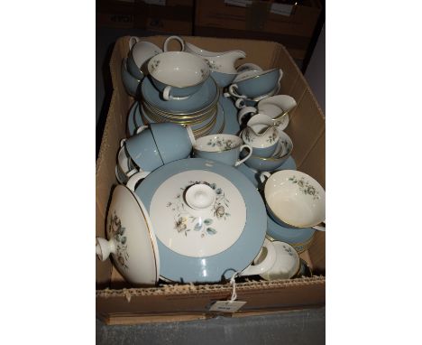 A Royal Doulton part dinner and tea service "Rose Elegans" pattern, comprising: tureen, gravy boat, saucers, meat plates, din