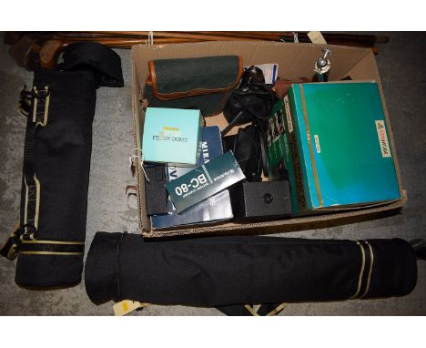 Two camera tripod stands in Jessop bags; together with an Olympus 35mm camera; a Miranda RS camera; a Sensomat; etc, in one b