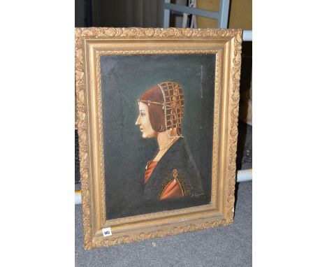 An oil painting by G. Legenton - portrait of a Tudor lady, with pearl and ribbon headdress, signed.