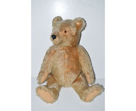 A Steiff teddy bear, with centre seam and brown glass eyes, golden plush fur.