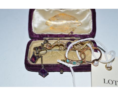 A seed pearl and amethyst scrolling brooch; together with a pair of purple glass drop earrings; a turquoise and pearl ring; a