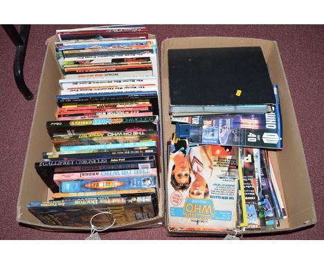 Doctor Who Annuals, to include: 1970's and later comics; cigarette cards; playing cards by Strictly Ink; etc. (in two boxes).