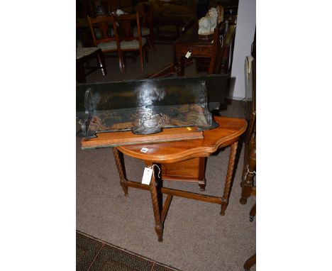 A mahogany console table on twisted legs; together with a tray and a Japanned hanging shelf decorated with figures.