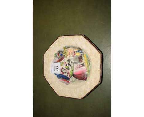 A mid 19th Century printed ceramic octagonal plate, with raised flowerhead design and printed centre in colour, titled "The F